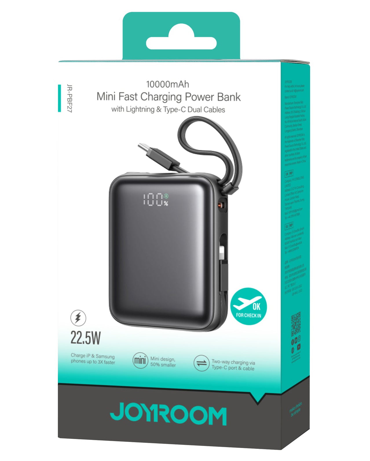 Joyroom JR-PBF27 külső akkumulátor, 10000mAh, 22.5W, QC + PD, 1 x Lightning - 2 x USB-C, Fekete