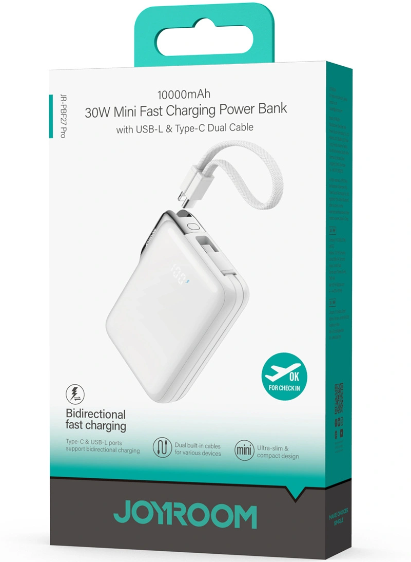 Joyroom JR-PBF27 Pro külső akkumulátor, 10000mAh, 30W, QC + PD, 1 x Lightning - 2 x USB-C, Fehér