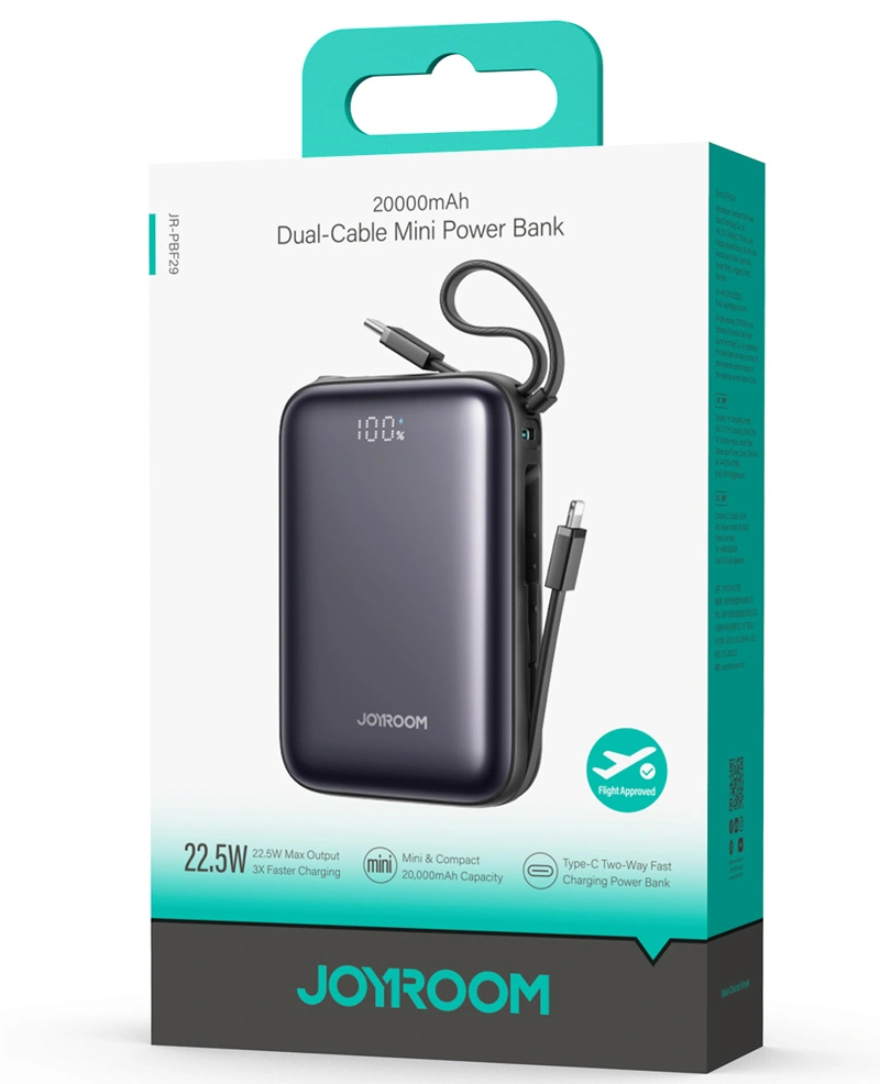 Joyroom JR-PBF29 külső akkumulátor, 20000mAh, 22.5W, QC + PD, 1 x Lightning - 2 x USB-C, Fekete