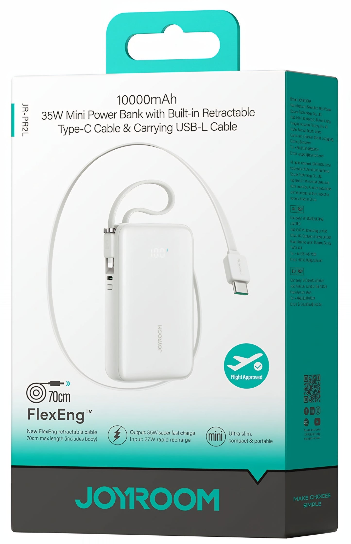 Joyroom JR-PR2L külső akkumulátor, 10000mAh, 35W, QC + PD, 1 x Lightning - 2 x USB-C, Fehér