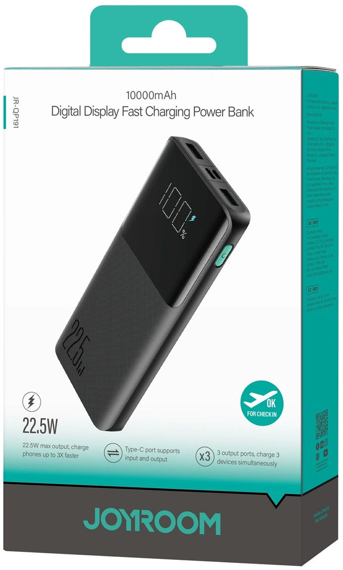 Joyroom JR-QP191 külső akkumulátor, 10000mAh, 22.5W, QC + PD, 1 x USB-C - 2 x USB-A, Fekete