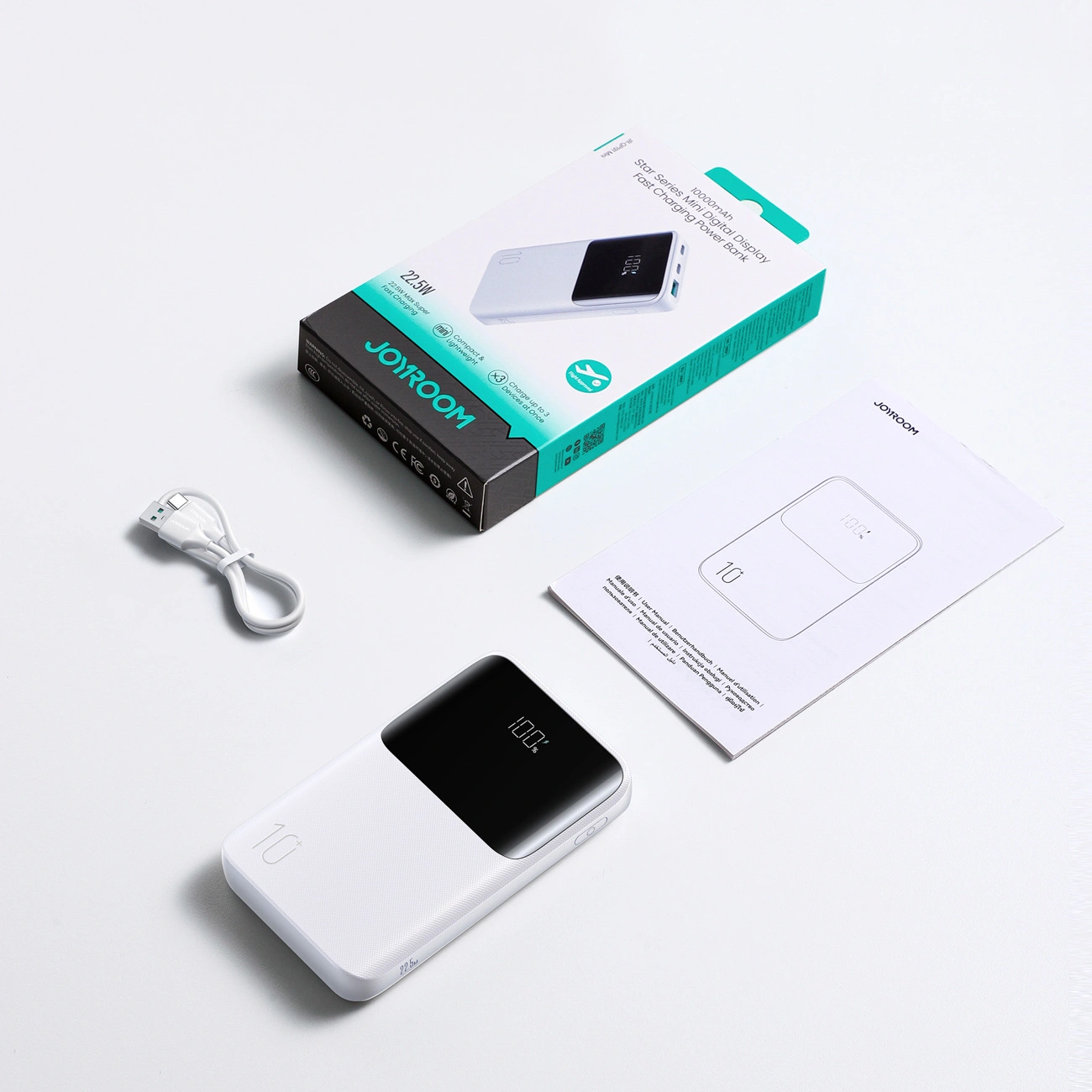 Joyroom JR-QP191 külső akkumulátor, 10000mAh, 22.5W, QC + PD, 1 x USB-A - 2 x USB-C, Fehér