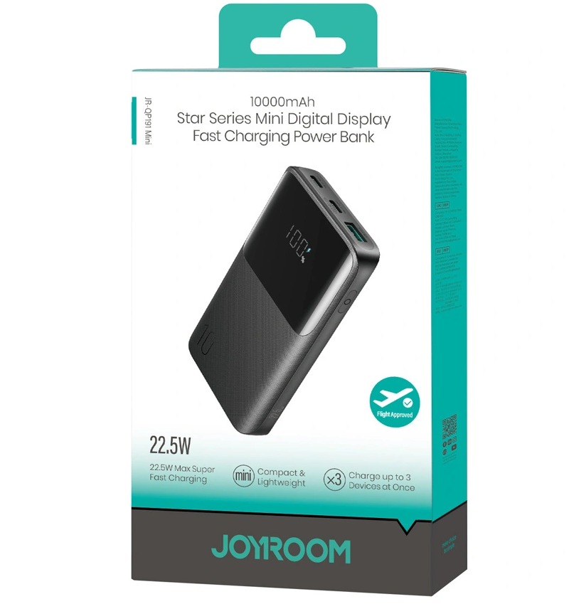 Joyroom JR-QP191 külső akkumulátor, 10000mAh, 22.5W, QC + PD, 1 x USB-A - 2 x USB-C, Fekete