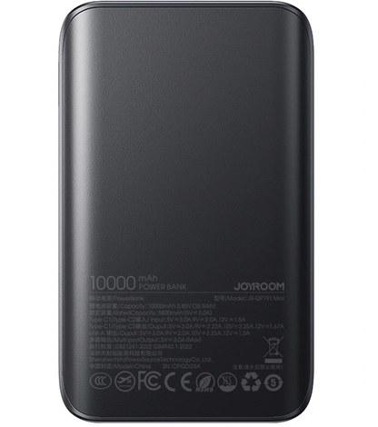 Joyroom JR-QP191 külső akkumulátor, 10000mAh, 22.5W, QC + PD, 1 x USB-A - 2 x USB-C, Fekete