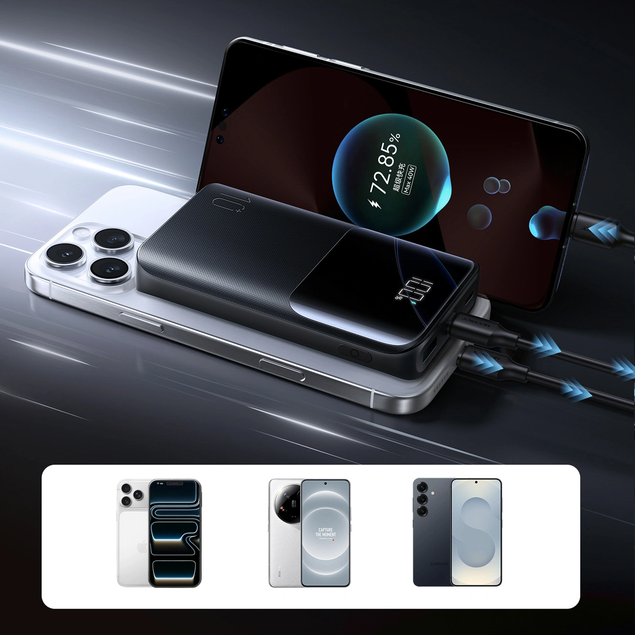 Joyroom JR-QP191 külső akkumulátor, 10000mAh, 22.5W, QC + PD, 1 x USB-A - 2 x USB-C, Fekete