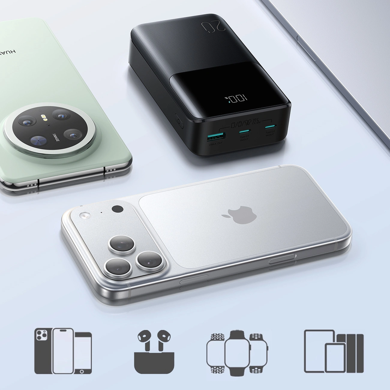 Joyroom JR-QP192 külső akkumulátor, 20000mAh, 22.5W, QC + PD, 1 x USB-A - 2 x USB-C, Fekete