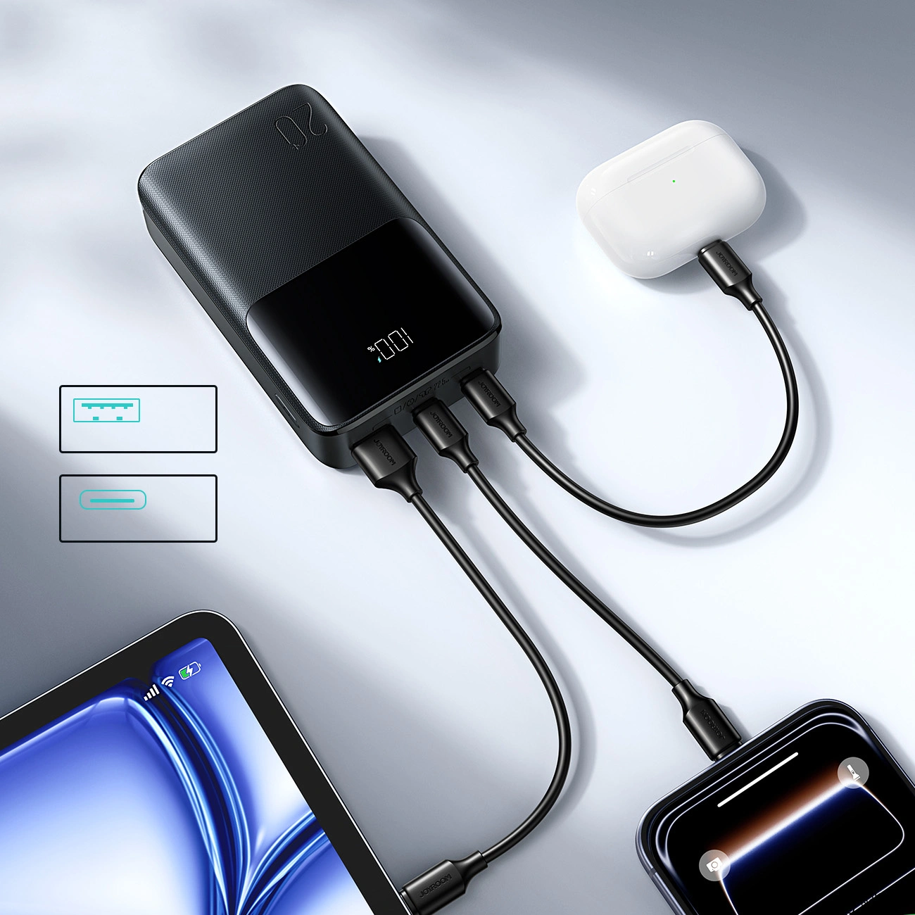 Joyroom JR-QP192 külső akkumulátor, 20000mAh, 22.5W, QC + PD, 1 x USB-A - 2 x USB-C, Fekete