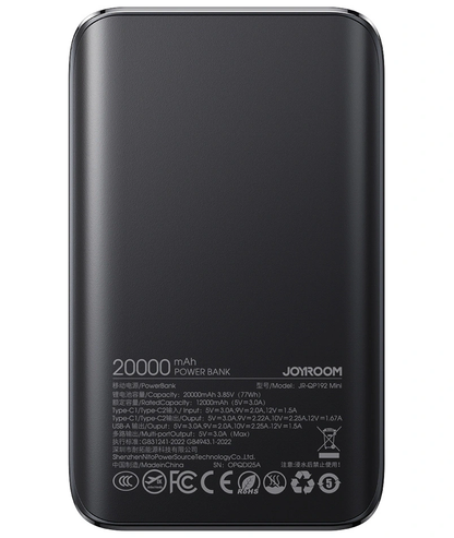 Joyroom JR-QP192 külső akkumulátor, 20000mAh, 22.5W, QC + PD, 1 x USB-A - 2 x USB-C, Fekete
