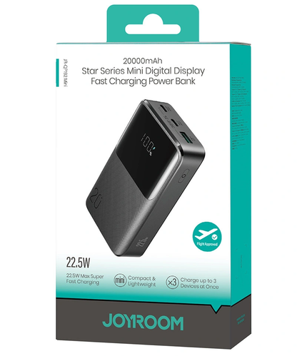 Joyroom JR-QP192 külső akkumulátor, 20000mAh, 22.5W, QC + PD, 1 x USB-A - 2 x USB-C, Fekete