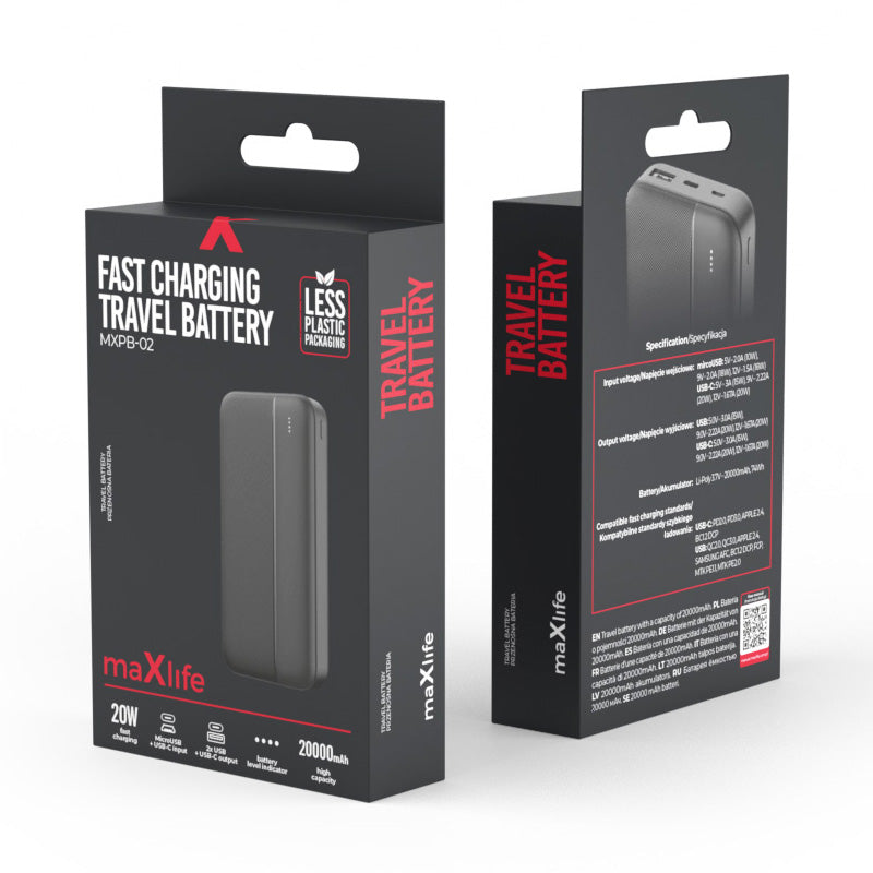 Külső akkumulátor MaXlife MXPB-02, 20000mAh, 20W, QC + PD, 1 x USB-A - 1 x USB-C, Fekete
