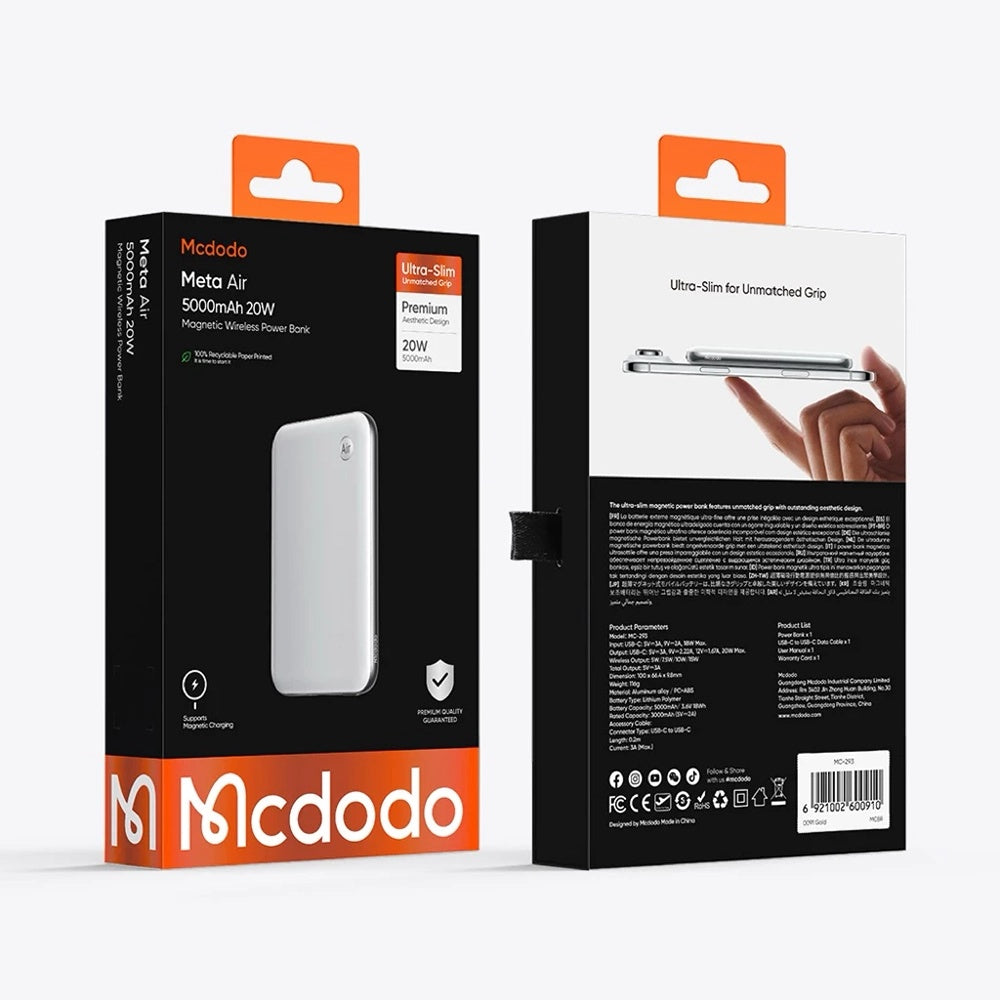 McDodo MC-2931 Meta Air vezeték nélküli külső akkumulátor, 5000mAh, 20W, PD + FQI, 1 x QI - 1 x USB-C, fekete