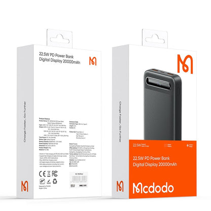 Külső akkumulátor McDodo MC-3891 Star, 20000mAh, 22.5W, QC + PD, 2 x USB-A - 1 x USB-C, Fekete