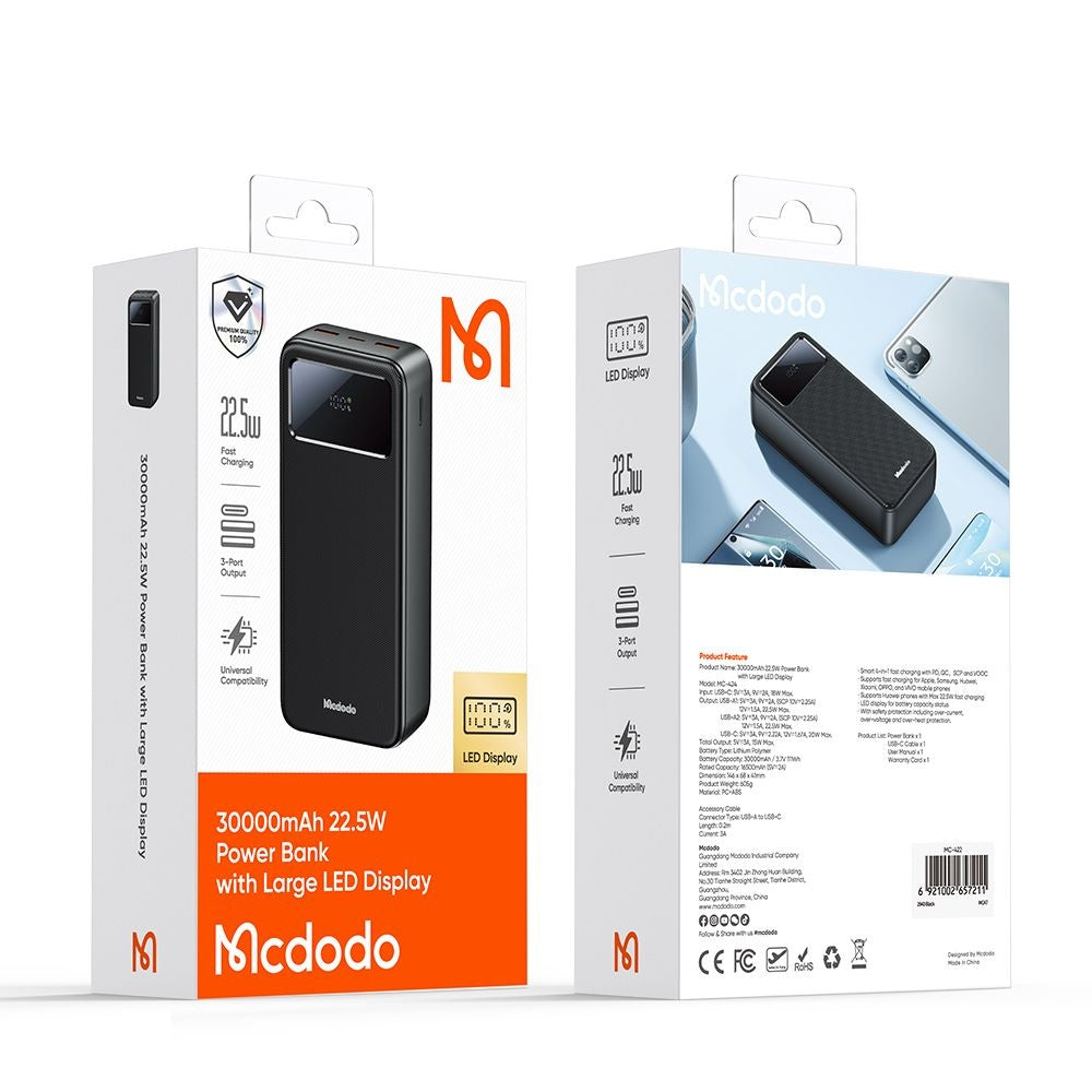 Külső akkumulátor McDodo MC-4240, 30000mAh, 22.5W, QC + PD, 2 x USB-A - 1 x USB-C, Fekete