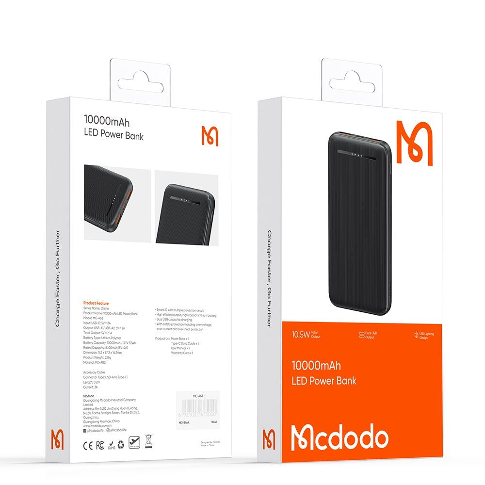 McDodo MC-4631 külső akkumulátor online, 10000mAh, 10W, 2 x USB-A - 1 x USB-C, fekete