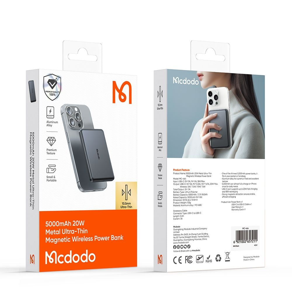 McDodo MC-4641 Meta vezeték nélküli külső akkumulátor, 5000mAh, 20W, PD + FQI, 1 x QI - 1 x USB-C, Fekete