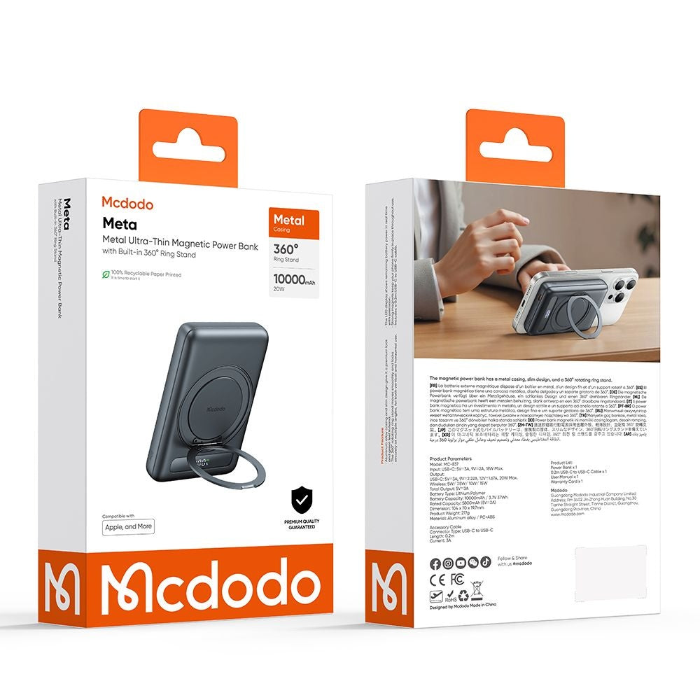 McDodo MC-8371 Meta vezeték nélküli külső akkumulátor, 10000mAh, 20W, PD + FQI, 1 x QI - 1 x USB-C, Szürke