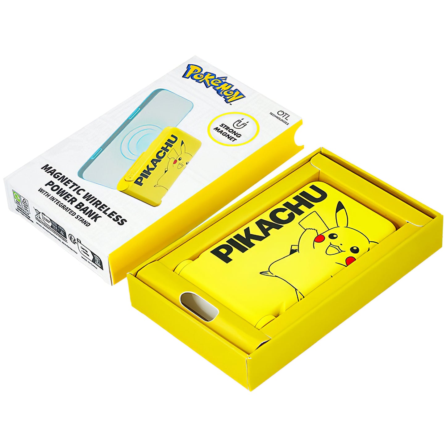 OTL Pokemon Pikatchu vezeték nélküli külső akkumulátor, 5000mAh, 20W, PD + FQI, 1 x QI - 1 x USB-C, sárga PK1191