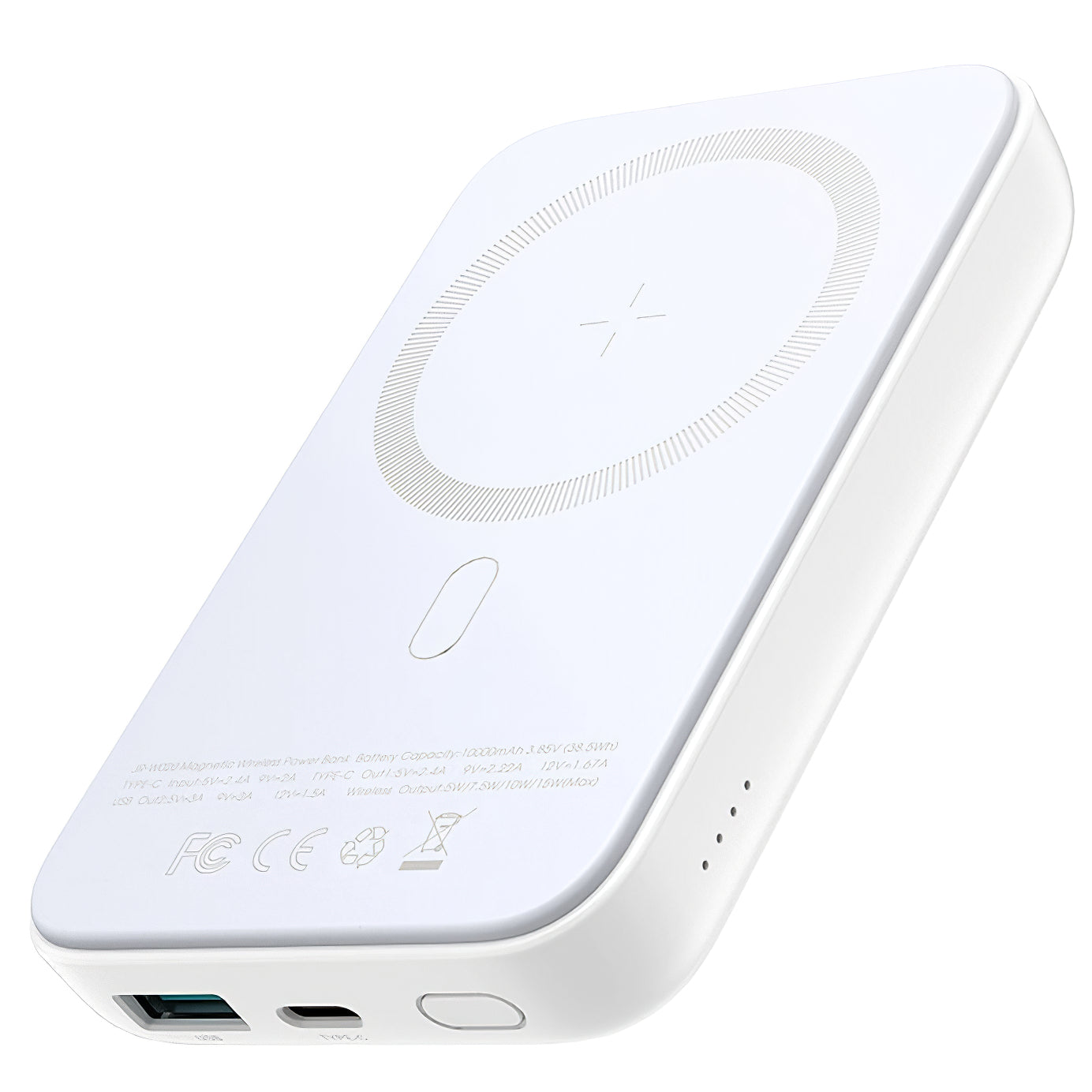 Joyroom JR-W020 vezeték nélküli külső akkumulátor, 10000mAh, 20W, QC + PD + FQI, 1 x QI - 1 x USB-A - 1 x USB-C, Fehér