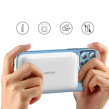 Joyroom JR-W020 vezeték nélküli külső akkumulátor, 10000mAh, 20W, QC + PD + FQI, 1 x QI - 1 x USB-A - 1 x USB-C, Fehér