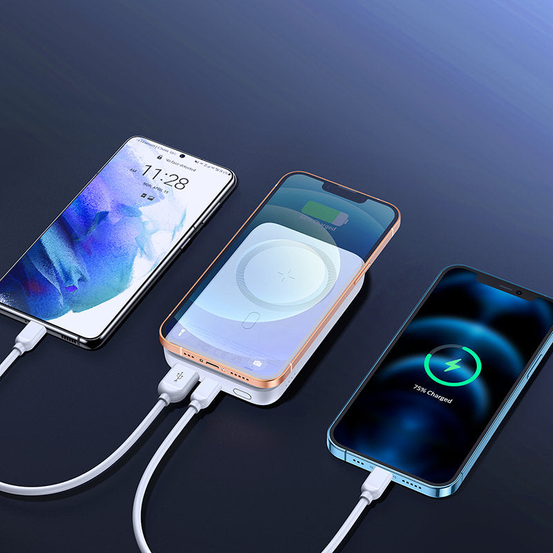 Joyroom JR-W020 vezeték nélküli külső akkumulátor, 10000mAh, 20W, QC + PD + FQI, 1 x QI - 1 x USB-A - 1 x USB-C, Fehér