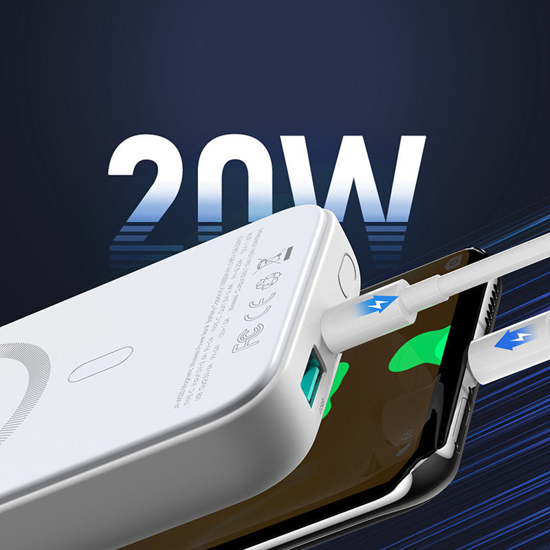 Joyroom JR-W020 vezeték nélküli külső akkumulátor, 10000mAh, 20W, QC + PD + FQI, 1 x QI - 1 x USB-A - 1 x USB-C, Fehér