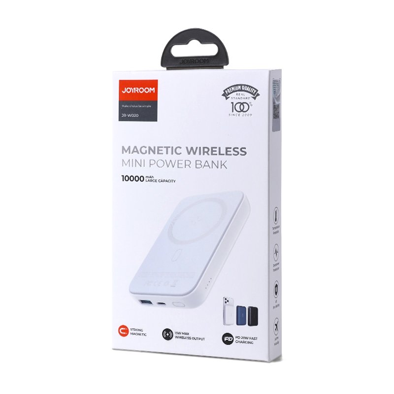 Joyroom JR-W020 vezeték nélküli külső akkumulátor, 10000mAh, 20W, QC + PD + FQI, 1 x QI - 1 x USB-A - 1 x USB-C, Fehér