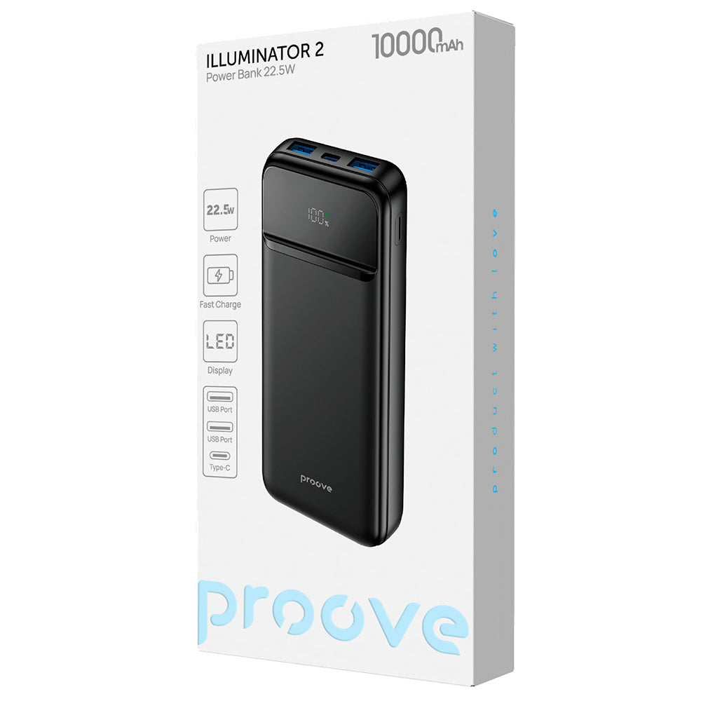 Proove Illuminator 2 külső akkumulátor, 10000mAh, 22.5W, QC + PD, 2 x USB-A - 1 x USB-C, Fekete PBIP10212201