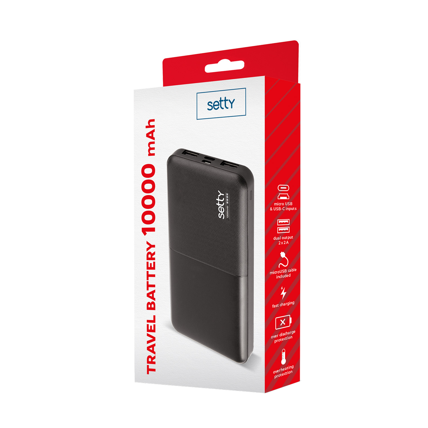 Setty külső akkumulátor, 10000mAh, 10W, 2 x USB-A, Fekete