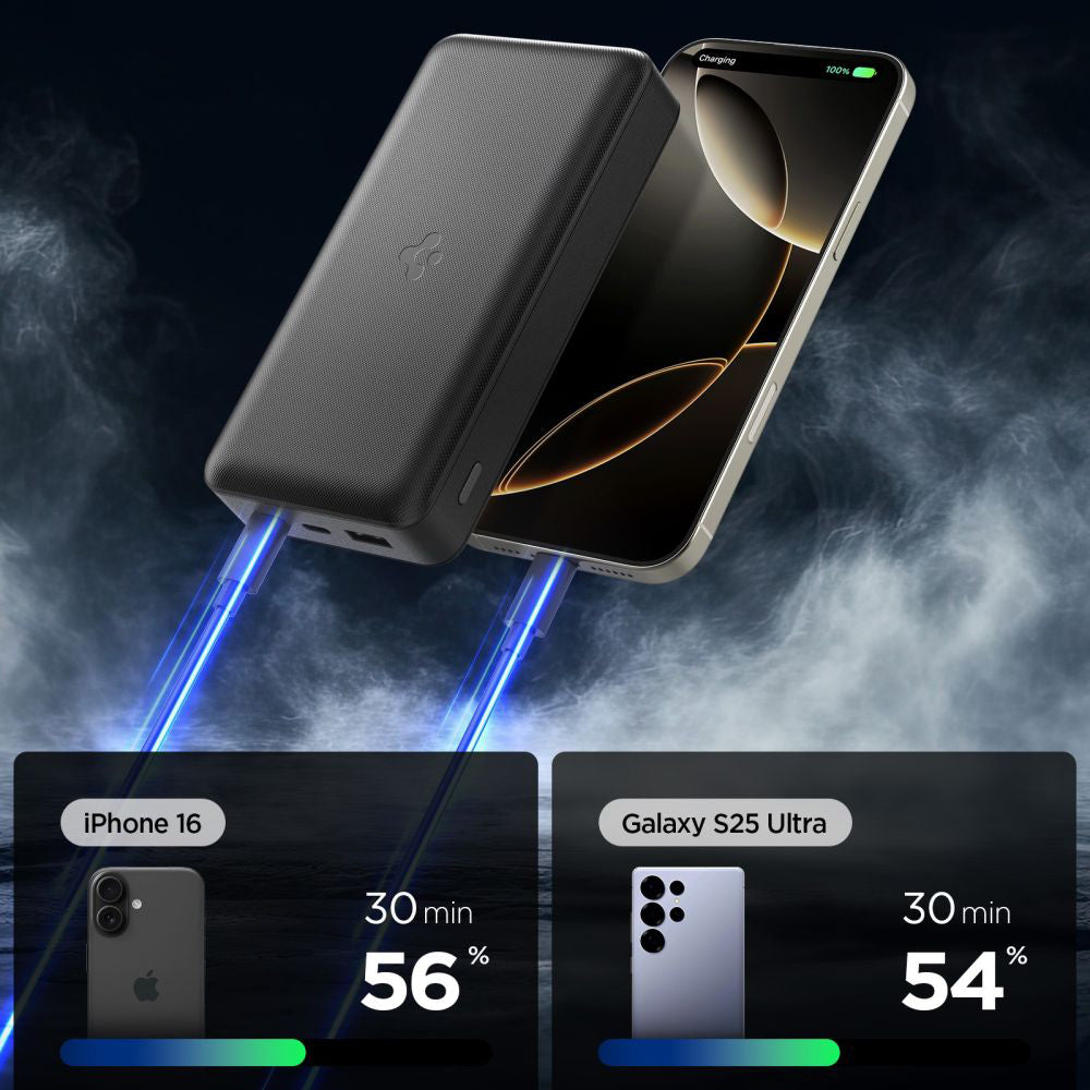 Spigen külső akkumulátor, 30000mAh, 30W, QC + PD, 1 x USB-A - 2 x USB-C, Fekete