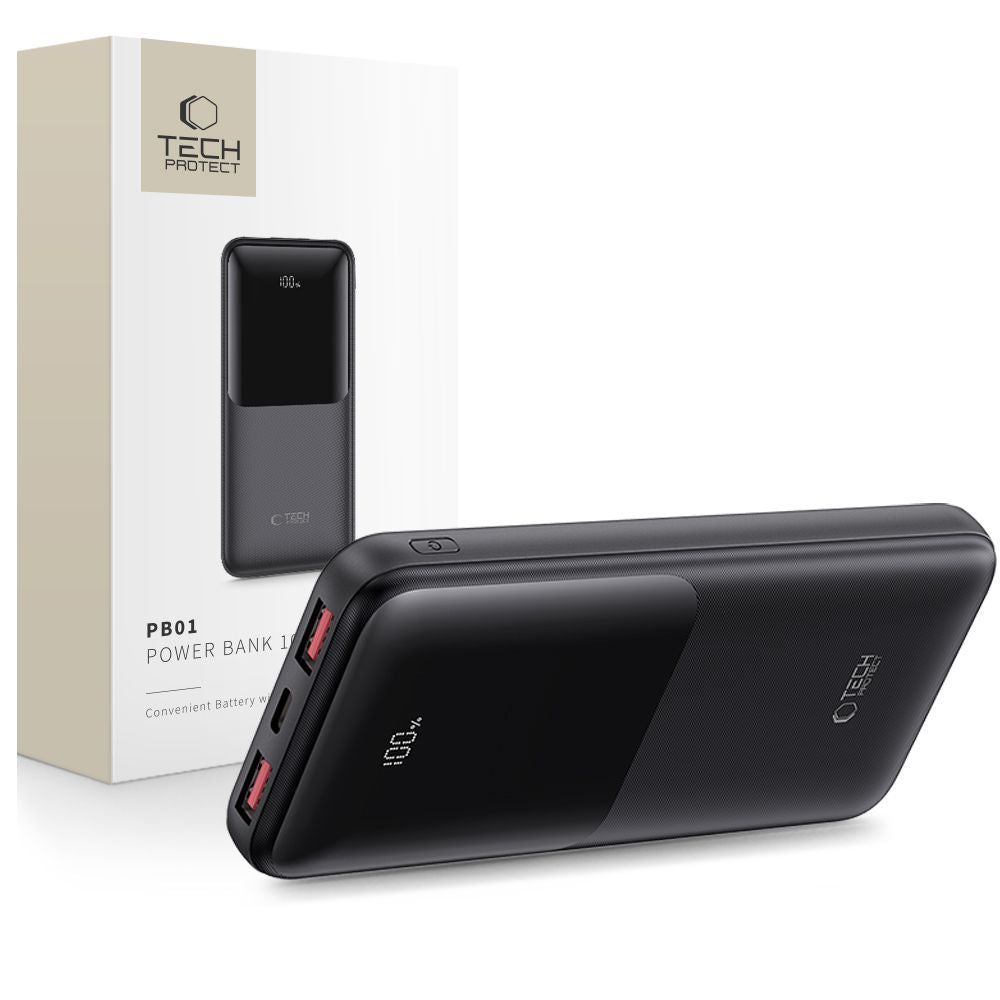 Baterie Externa Tech-Protect PB01, 10000mAh, 22.5W, QC + PD, 1 x USB-C - 2 x USB-A, Neagra