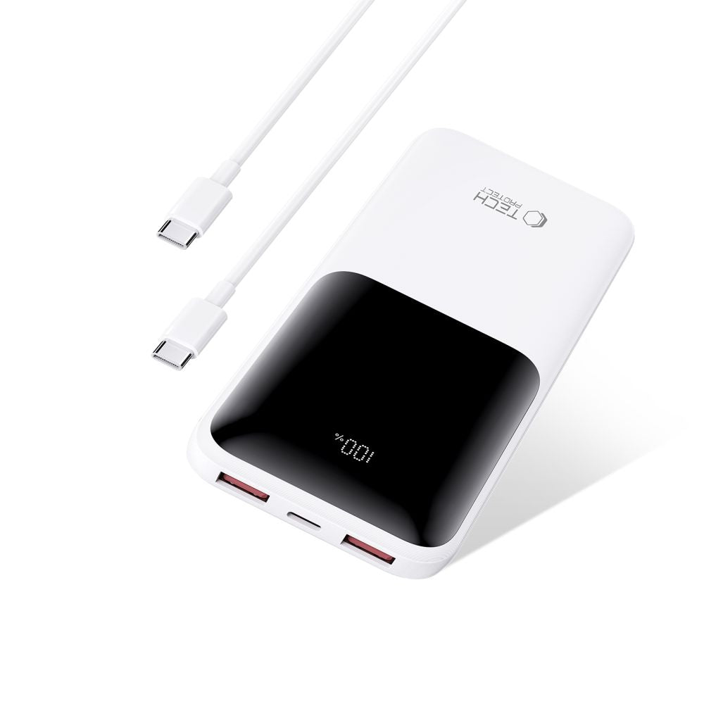 Baterie Externa Tech-Protect PB01, 10000mAh, 22.5W, QC + PD, 1 x USB-C - 2 x USB-A, Alba