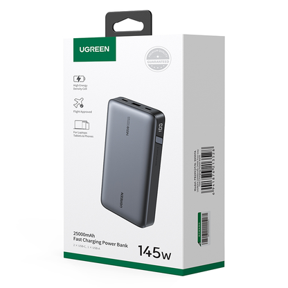 Külső akkumulátor UGREEN PB205, 25000mAh, 145W, QC + PD, 1 x USB-A - 2 x USB-C, Szürke