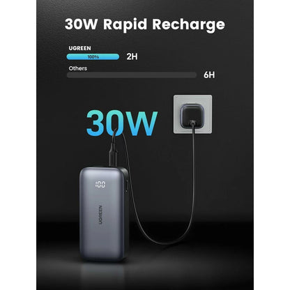 UGREEN PB502 külső akkumulátor, 10000mAh, 30W, QC + PD, 1 x USB-A - 1 x USB-C, szürke