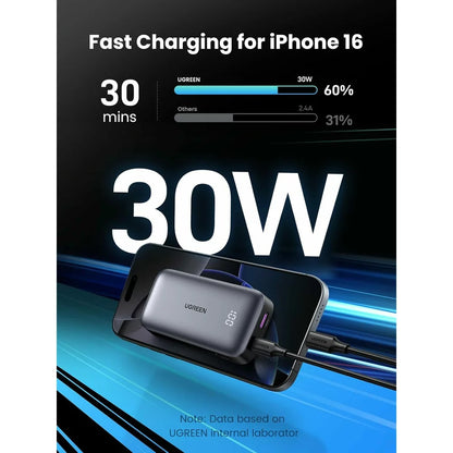 UGREEN PB502 külső akkumulátor, 10000mAh, 30W, QC + PD, 1 x USB-A - 1 x USB-C, szürke