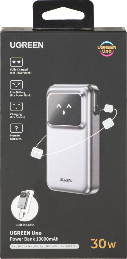 UGREEN PB511 Uno External Battery, 10000mAh, 30W, QC + PD, 1 x USB-A - 2 x USB-C, Grey