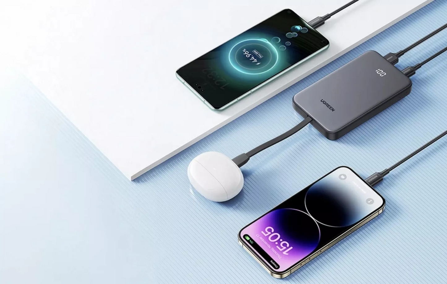 UGREEN PB526 (75161B) külső akkumulátor, 10000mAh, 20W, QC + PD, 1 x USB-A - 2 x USB-C, Szürke