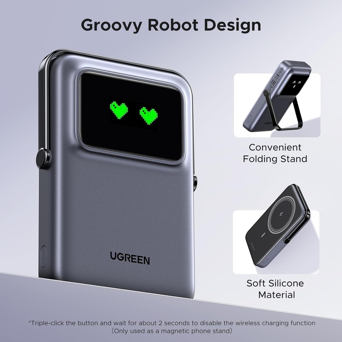 UGREEN PB572 Uno vezeték nélküli külső akkumulátor, 10000mAh, 20W, PD + FQI, 1 x QI - 1 x USB-C, Szürke