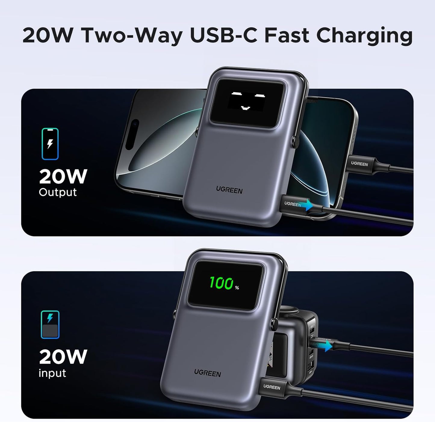 UGREEN PB572 Uno vezeték nélküli külső akkumulátor, 10000mAh, 20W, PD + FQI, 1 x QI - 1 x USB-C, Szürke