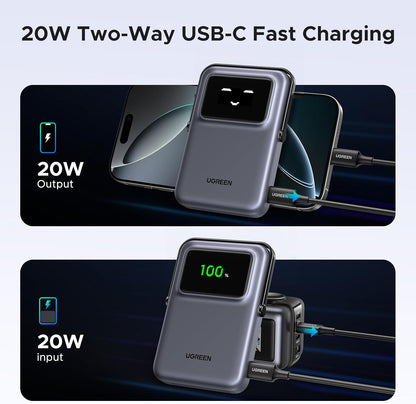 UGREEN PB572 Uno vezeték nélküli külső akkumulátor, 10000mAh, 20W, PD + FQI, 1 x QI - 1 x USB-C, Szürke