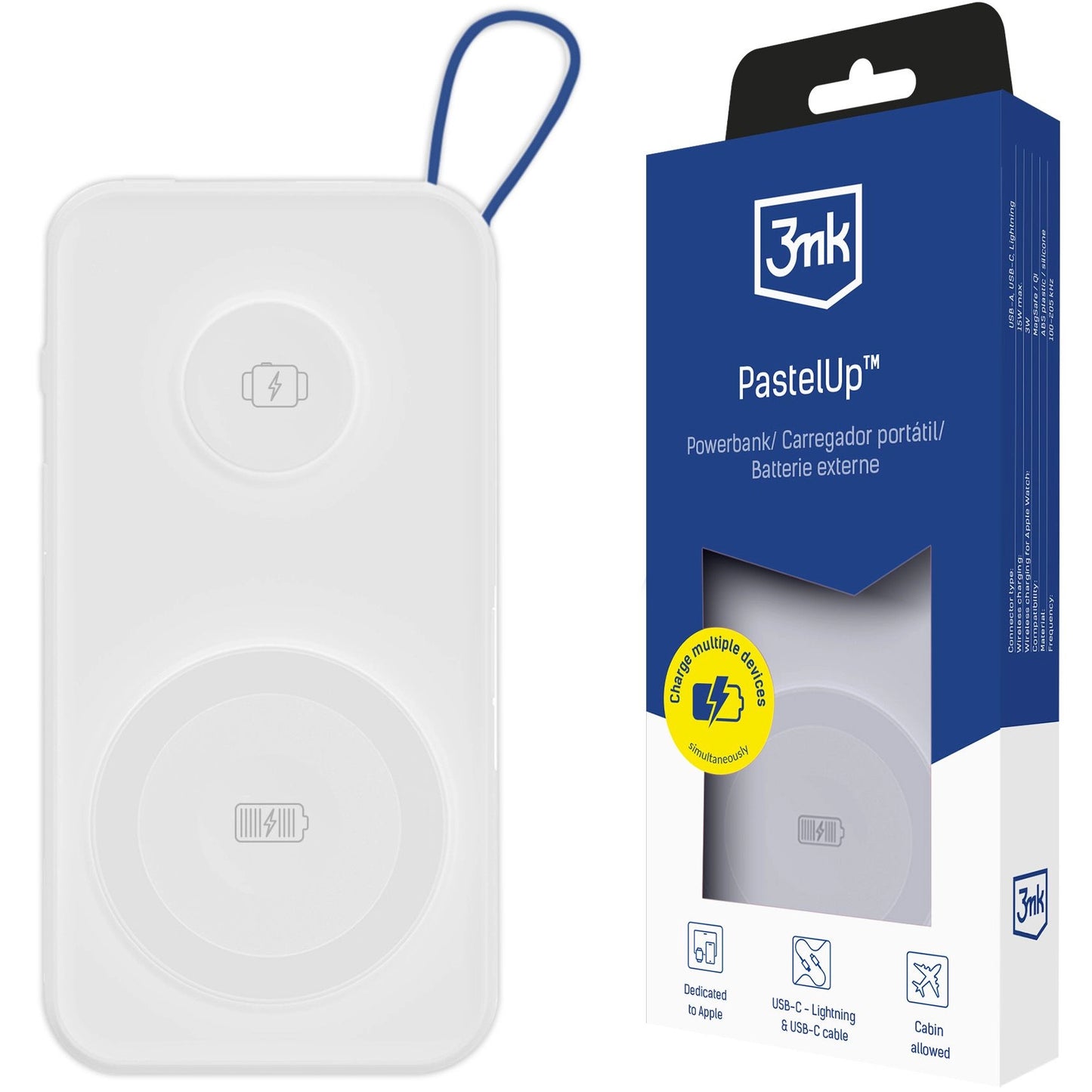 Vezeték nélküli külső akkumulátor 3MK PastelUp, 10000mAh, 22.5W, QC + PD + FQI, 1 x USB-A - 1 x USB-C - 2 x QI, Fehér