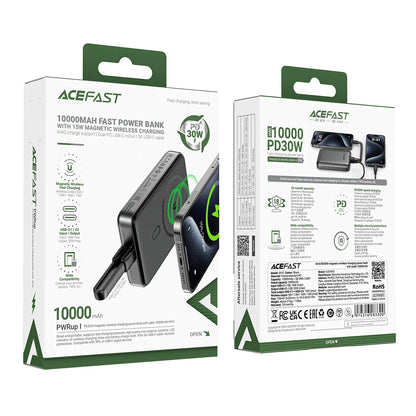Külső vezeték nélküli akkumulátor Acefast M10, 10000mAh, 30W, PD + FQI, 1 x QI - 2 x USB-C, Fekete