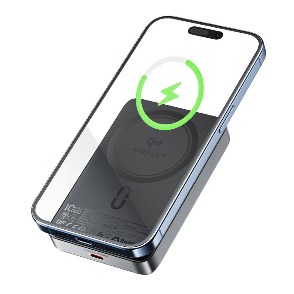 Acefast M11 Wireless External Battery, 10000mAh, 30W, PD + FQI, 1 x QI - 1 x USB-C, Black