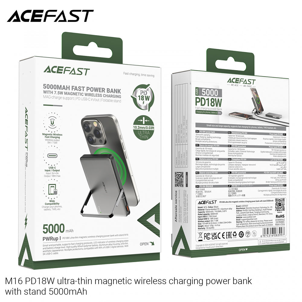 Acefast M16 vezeték nélküli külső akkumulátor, 5000mAh, 18W, PD + FQI, 1 x QI - 1 x USB-C, fekete