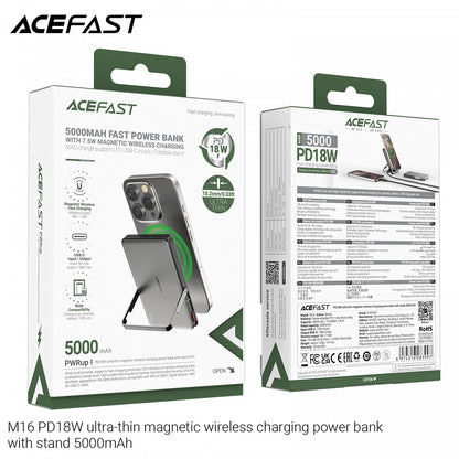 Acefast M16 vezeték nélküli külső akkumulátor, 5000mAh, 18W, PD + FQI, 1 x QI - 1 x USB-C, fekete