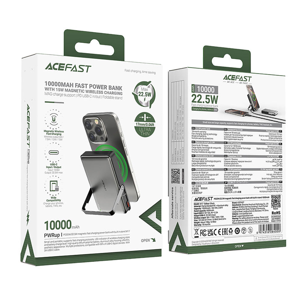 Acefast M17 vezeték nélküli külső akkumulátor, 10000mAh, 22.5W, PD + FQI, 1 x QI - 1 x USB-C, Fekete