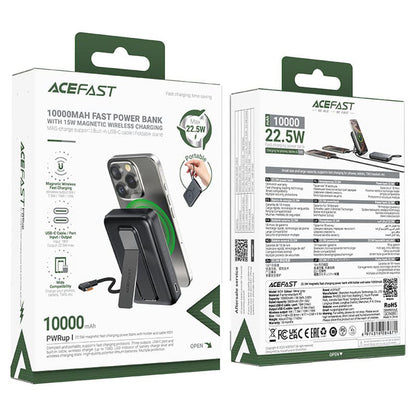 Acefast M24 Wireless External Battery, 10000mAh, 22.5W, PD + FQI, 1 x QI - 2 x USB-C, Gray