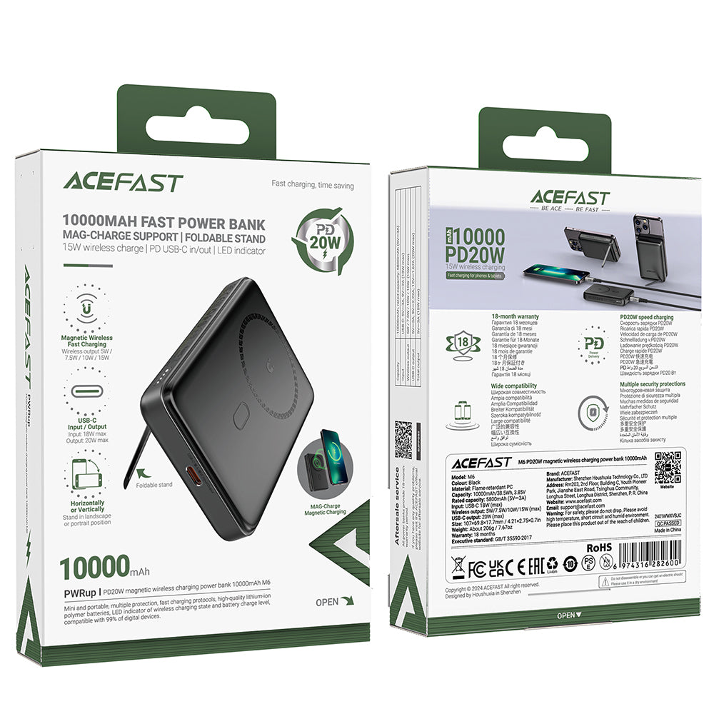 Acefast M6 vezeték nélküli külső akkumulátor, 10000mAh, 20W, PD + FQI, 1 x QI - 1 x USB-C, fekete