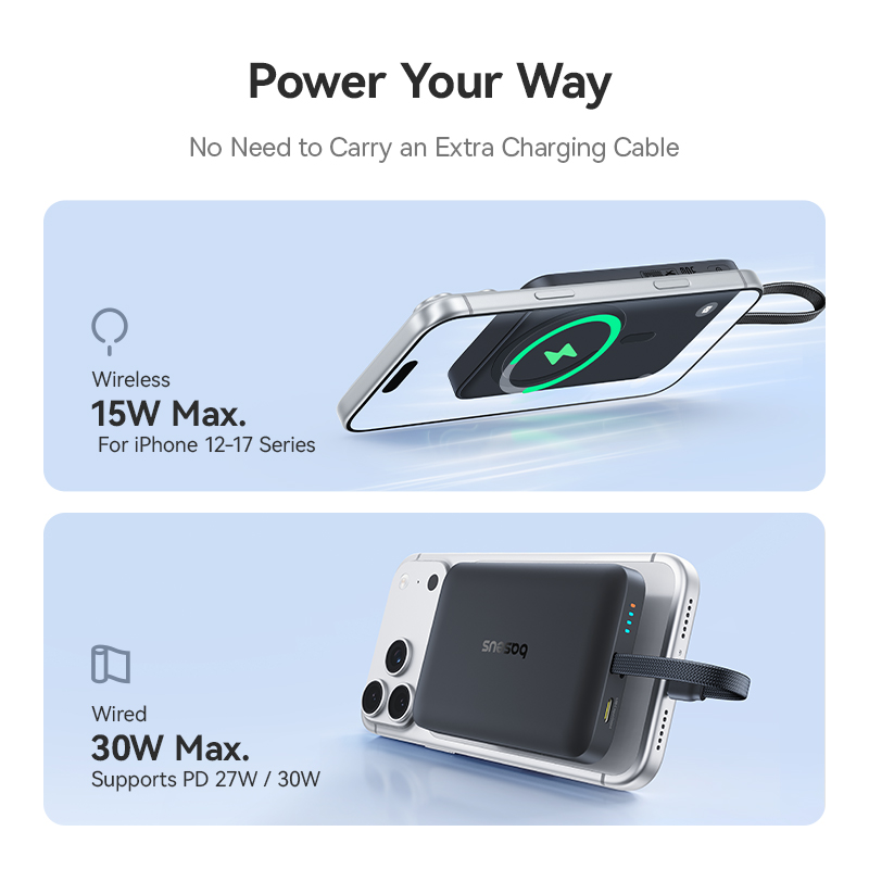 Baseus EnerFill FM11 vezeték nélküli külső akkumulátor, 10000 mAh, 30 W, PD + FQI, 1 x QI – 2 x USB-C, fekete E0028904