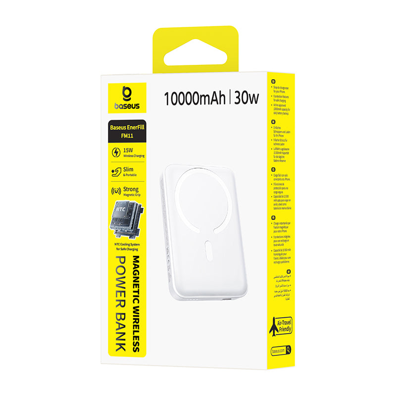 Baseus EnerFill FM11 vezeték nélküli külső akkumulátor, 10000mAh, 30W, PD + FQI, 1 x QI - 1 x USB-C, Fehér