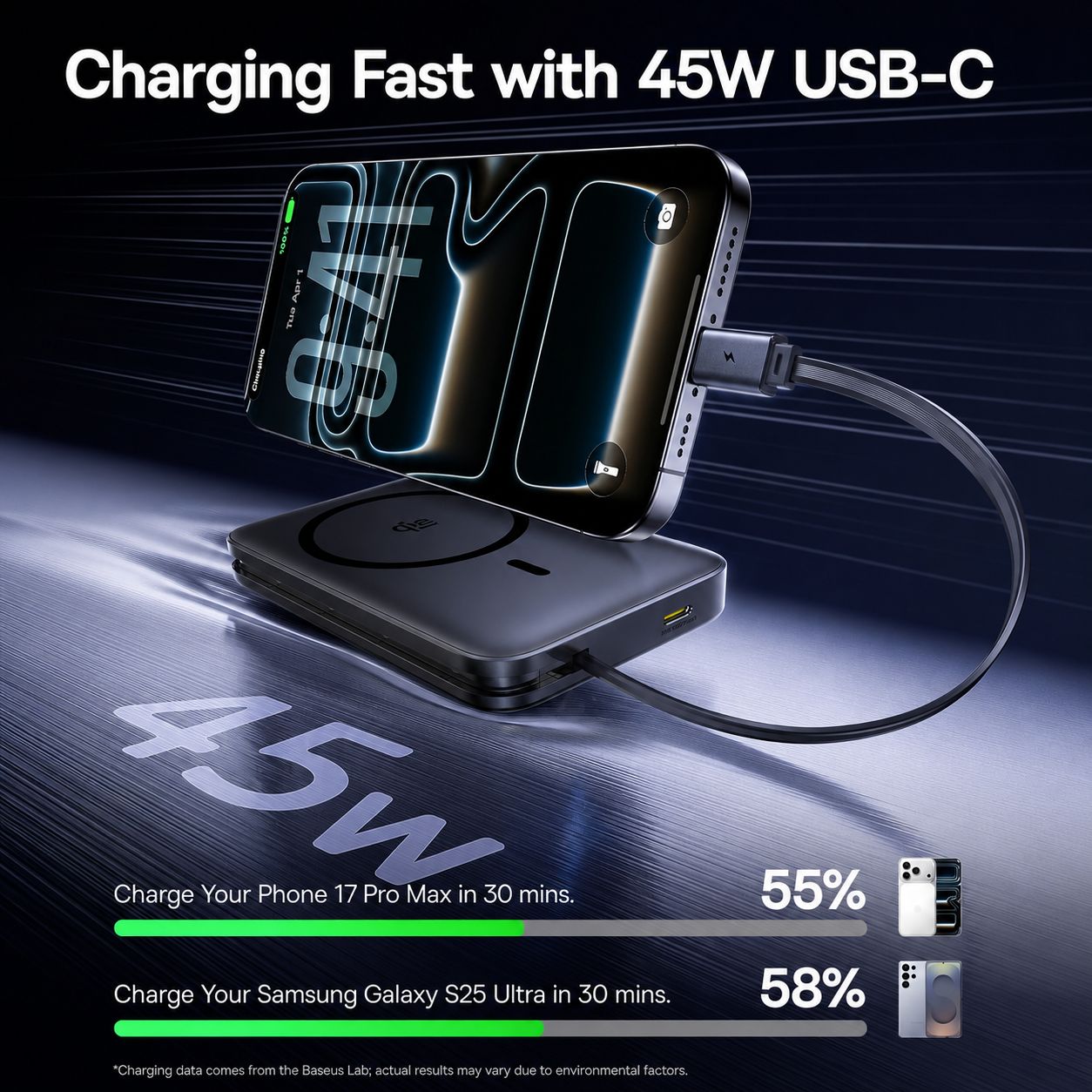 Baseus PicoGo AM61 vezeték nélküli külső akkumulátor, 10000mAh, 45W, PD + FQI, 1 x QI - 2 x USB-C, Fekete E0028V00